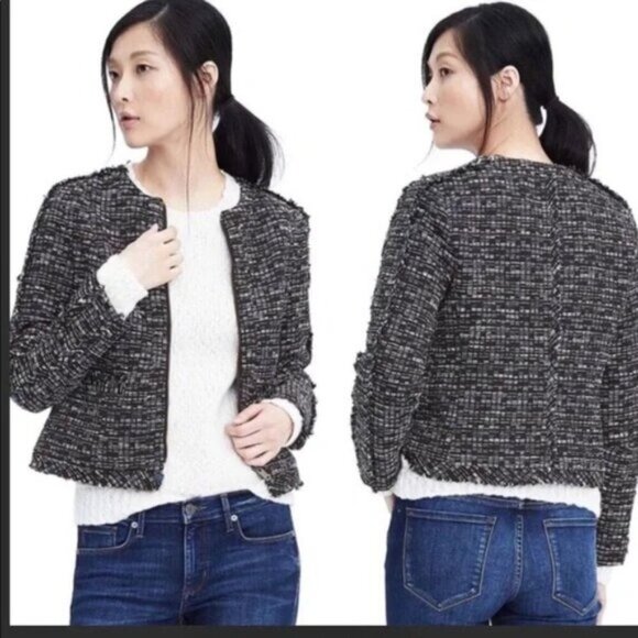 BANANA REPUBLIC Tweed Fringe Boucle Zip Navy Jacket Womens Size 0 - Picture 2 of 6